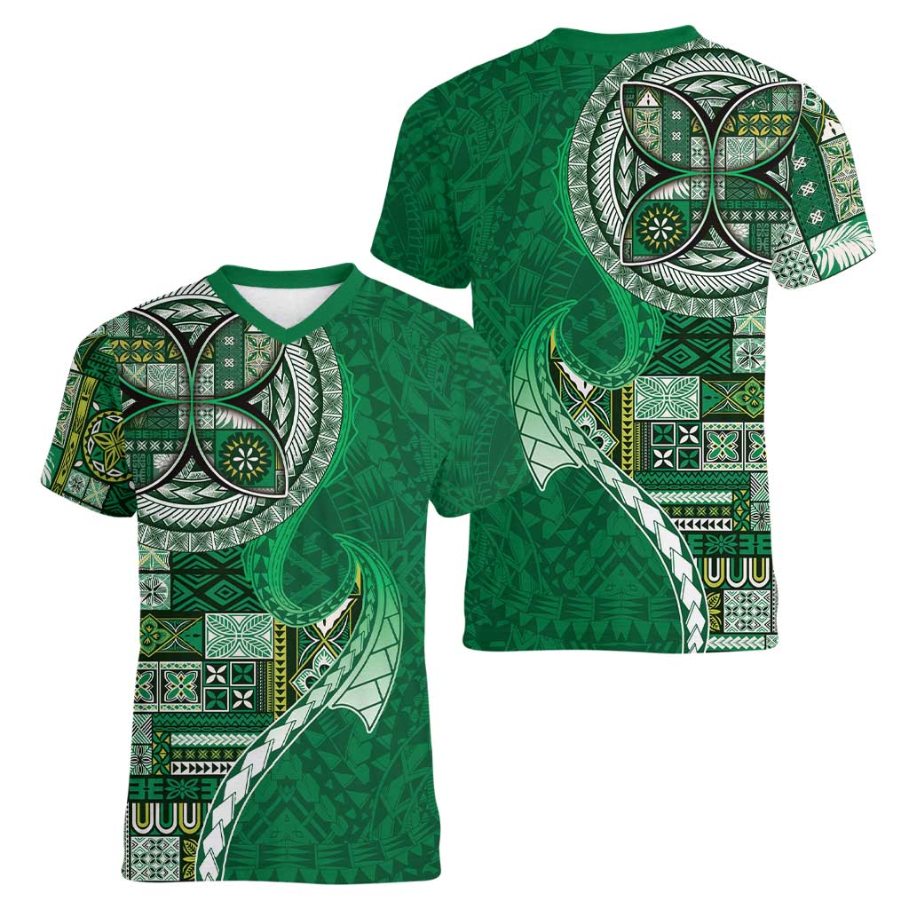 Samoan Siapo Art Tattoo Polynesian Pattern Women V-Neck T-Shirt Green Color - Polynesian Pride