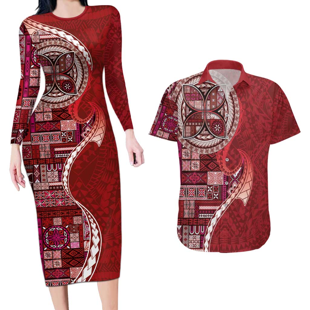 Samoan Siapo Art Tattoo Polynesian Pattern Couples Matching Long Sleeve Bodycon Dress and Hawaiian Shirt Red Color - Polynesian Pride