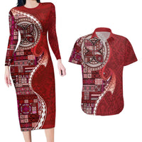 Samoan Siapo Art Tattoo Polynesian Pattern Couples Matching Long Sleeve Bodycon Dress and Hawaiian Shirt Red Color - Polynesian Pride