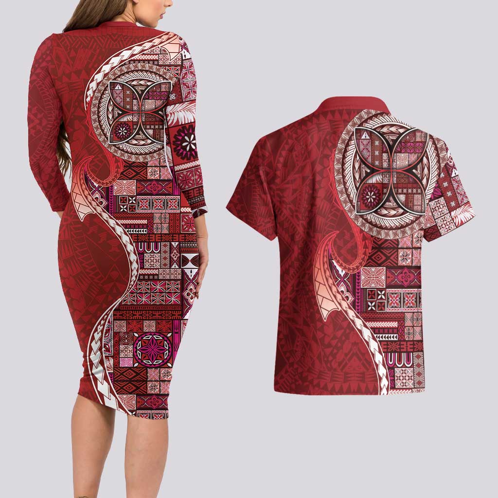 Samoan Siapo Art Tattoo Polynesian Pattern Couples Matching Long Sleeve Bodycon Dress and Hawaiian Shirt Red Color - Polynesian Pride