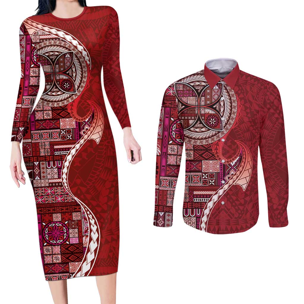 Samoan Siapo Art Tattoo Polynesian Pattern Couples Matching Long Sleeve Bodycon Dress and Long Sleeve Button Shirt Red Color - Polynesian Pride