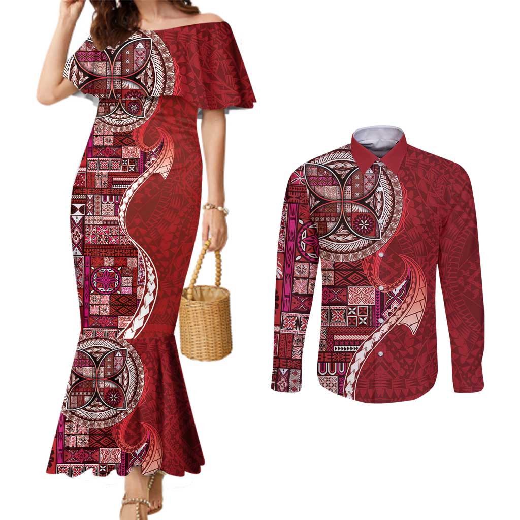 Samoan Siapo Art Tattoo Polynesian Pattern Couples Matching Mermaid Dress and Long Sleeve Button Shirt Red Color - Polynesian Pride