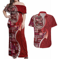Samoan Siapo Art Tattoo Polynesian Pattern Couples Matching Off Shoulder Maxi Dress and Hawaiian Shirt Red Color - Polynesian Pride