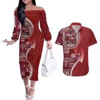 Samoan Siapo Art Tattoo Polynesian Pattern Couples Matching Off The Shoulder Long Sleeve Dress and Hawaiian Shirt Red Color - Polynesian Pride