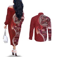 Samoan Siapo Art Tattoo Polynesian Pattern Couples Matching Off The Shoulder Long Sleeve Dress and Long Sleeve Button Shirt Red Color - Polynesian Pride
