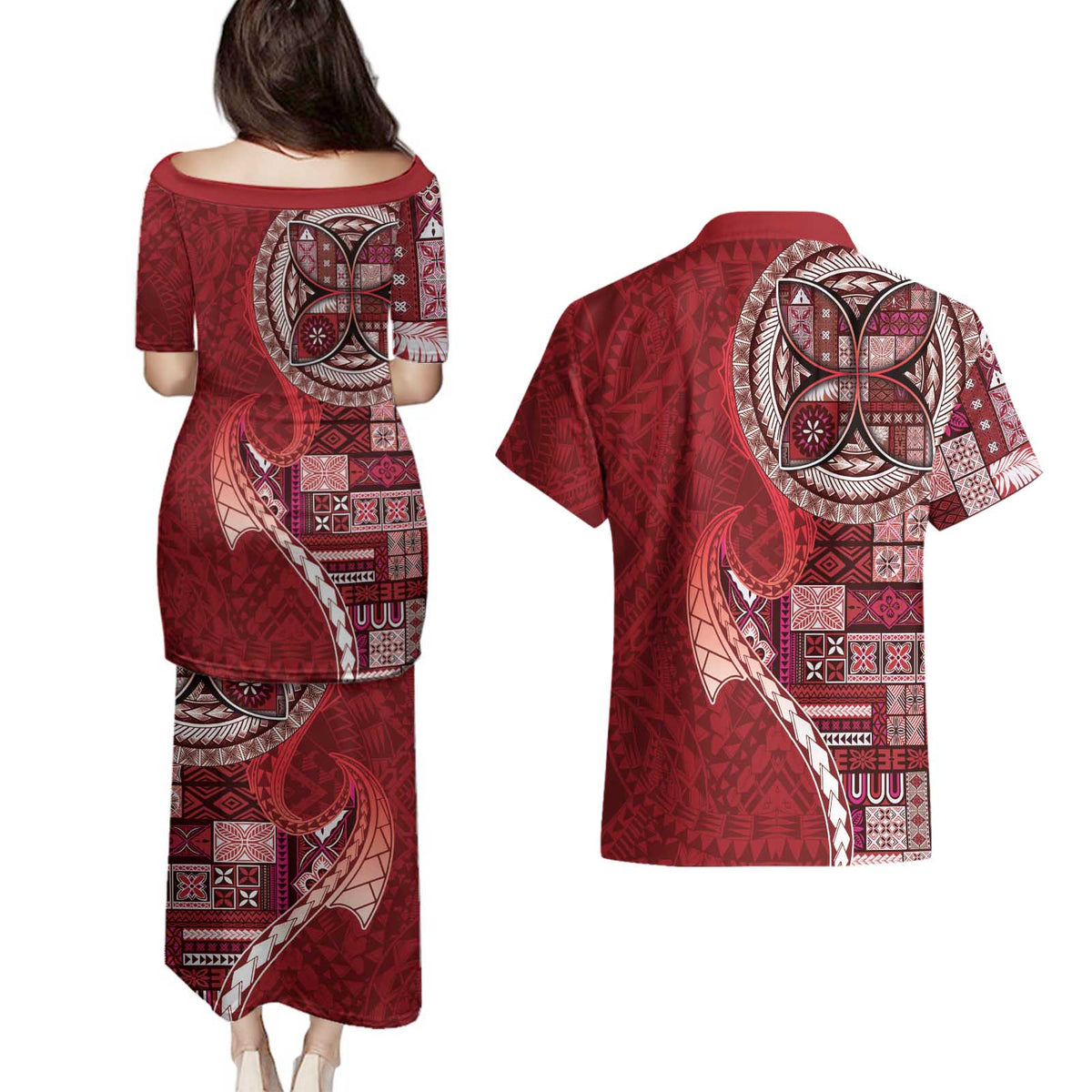 Samoan Siapo Art Tattoo Polynesian Pattern Couples Matching Puletasi and Hawaiian Shirt Red Color - Polynesian Pride