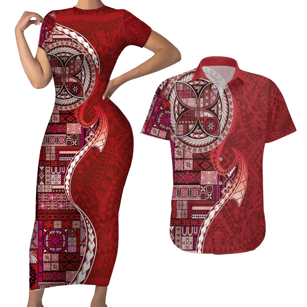 Samoan Siapo Art Tattoo Polynesian Pattern Couples Matching Short Sleeve Bodycon Dress and Hawaiian Shirt Red Color - Polynesian Pride