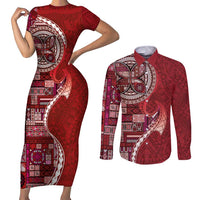 Samoan Siapo Art Tattoo Polynesian Pattern Couples Matching Short Sleeve Bodycon Dress and Long Sleeve Button Shirt Red Color - Polynesian Pride