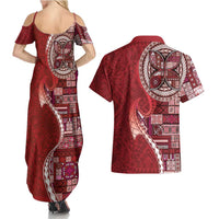 Samoan Siapo Art Tattoo Polynesian Pattern Couples Matching Summer Maxi Dress and Hawaiian Shirt Red Color - Polynesian Pride