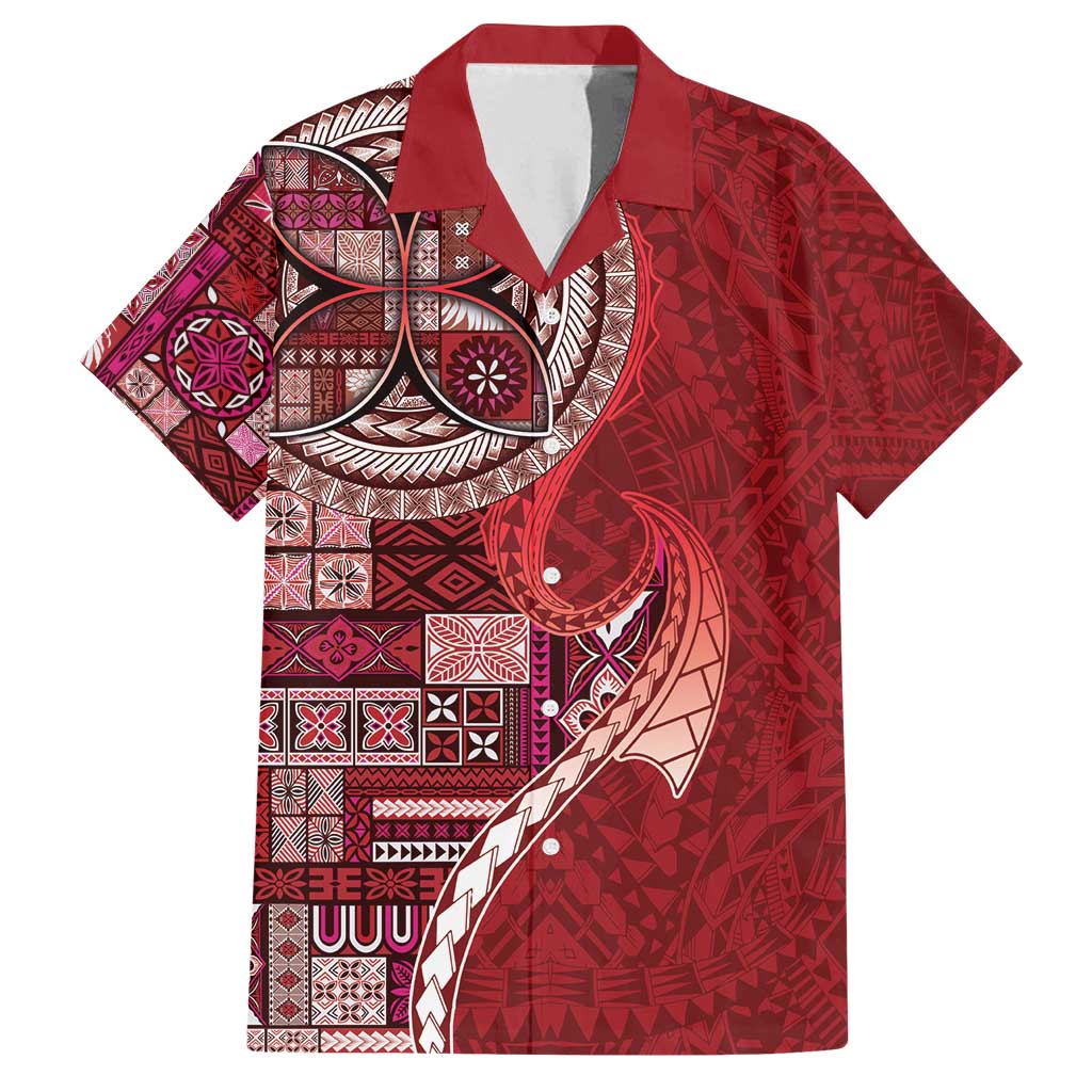 Samoan Siapo Art Tattoo Polynesian Pattern Family Matching Long Sleeve Bodycon Dress and Hawaiian Shirt Red Color - Polynesian Pride