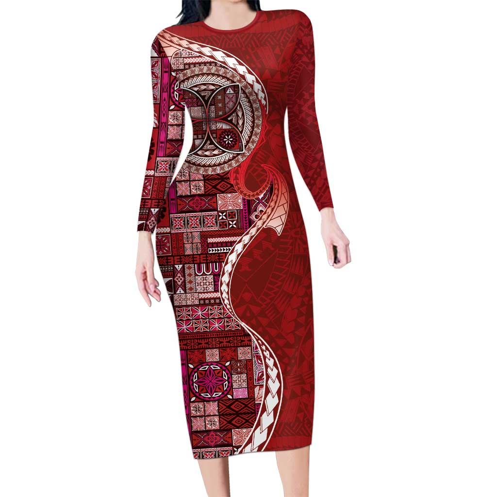 Samoan Siapo Art Tattoo Polynesian Pattern Family Matching Long Sleeve Bodycon Dress and Hawaiian Shirt Red Color - Polynesian Pride