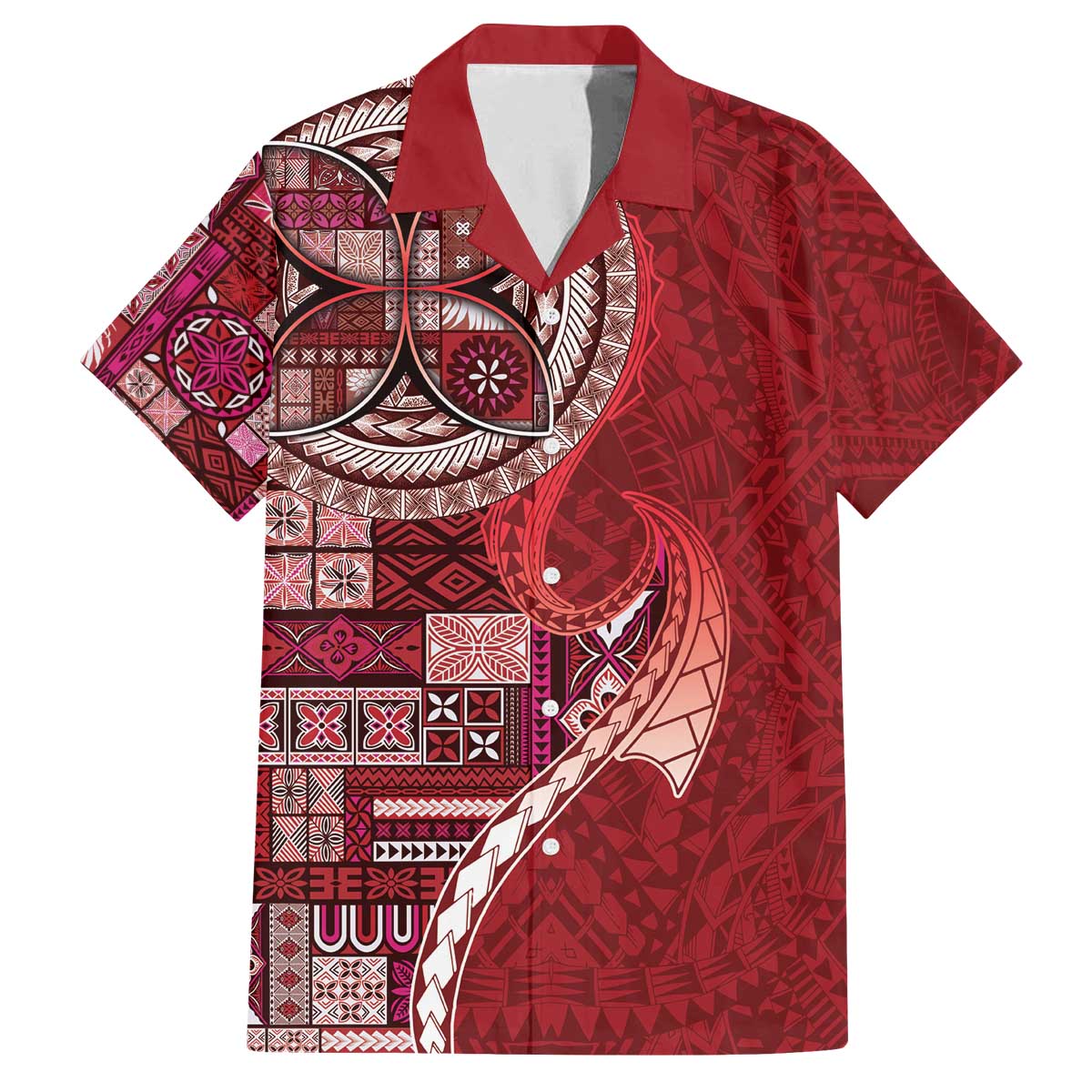 Samoan Siapo Art Tattoo Polynesian Pattern Family Matching Off The Shoulder Long Sleeve Dress and Hawaiian Shirt Red Color - Polynesian Pride
