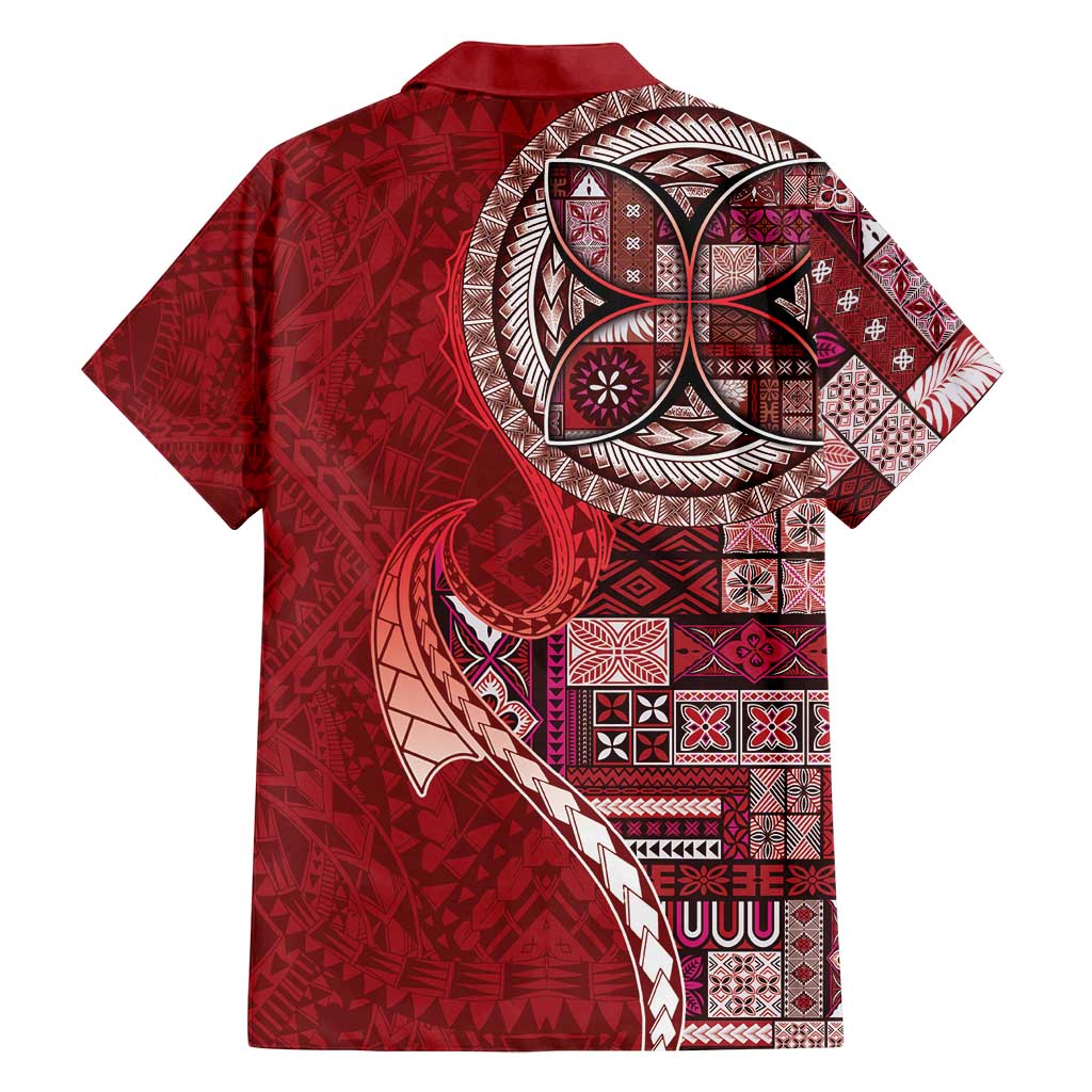 Samoan Siapo Art Tattoo Polynesian Pattern Family Matching Off Shoulder Short Dress and Hawaiian Shirt Red Color - Polynesian Pride