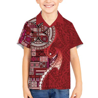 Samoan Siapo Art Tattoo Polynesian Pattern Family Matching Off Shoulder Short Dress and Hawaiian Shirt Red Color - Polynesian Pride