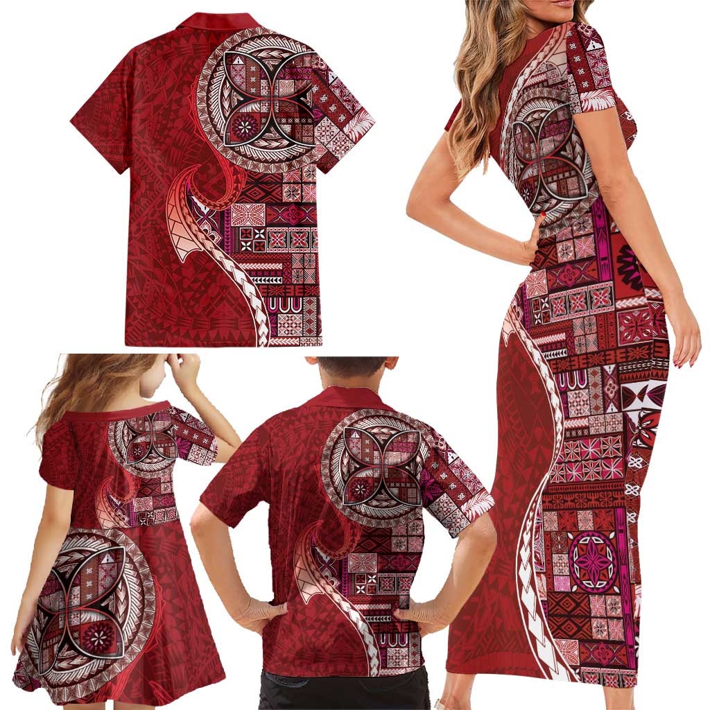 Samoan Siapo Art Tattoo Polynesian Pattern Family Matching Short Sleeve Bodycon Dress and Hawaiian Shirt Red Color - Polynesian Pride