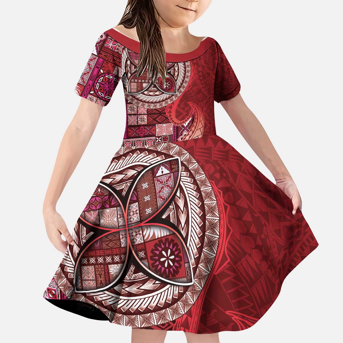 Samoan Siapo Art Tattoo Polynesian Pattern Kid Short Sleeve Dress Red Color LT03 KID Red - Polynesian Pride