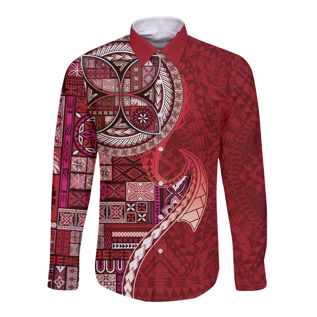 Samoan Siapo Art Tattoo Polynesian Pattern Long Sleeve Button Shirt Red Color - Polynesian Pride