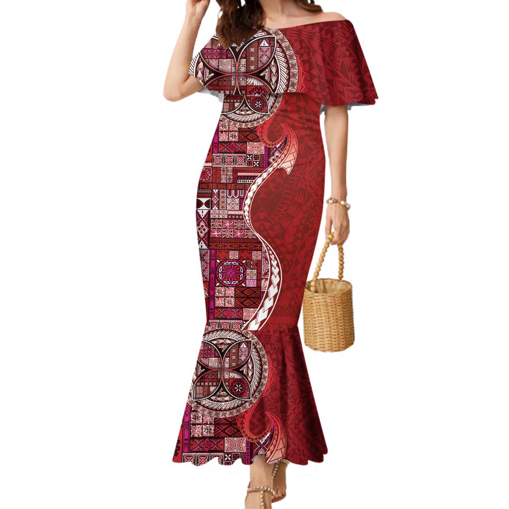 Samoan Siapo Art Tattoo Polynesian Pattern Mermaid Dress Red Color - Polynesian Pride
