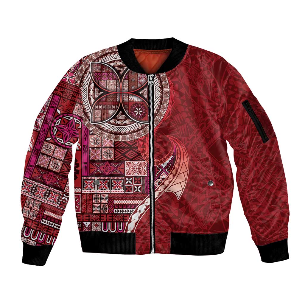 Samoan Siapo Art Tattoo Polynesian Pattern Sleeve Zip Bomber Jacket Red Color - Polynesian Pride
