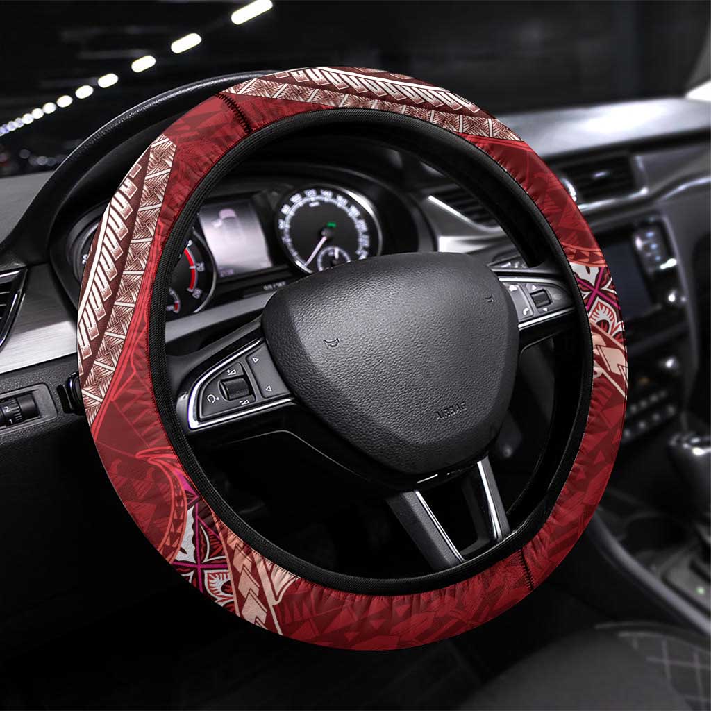 Samoan Siapo Art Tattoo Polynesian Pattern Steering Wheel Cover Red Color - Polynesian Pride