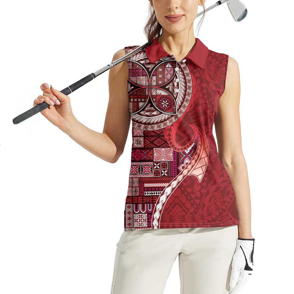 Samoan Siapo Art Tattoo Polynesian Pattern Women Sleeveless Polo Shirt Red Color - Polynesian Pride
