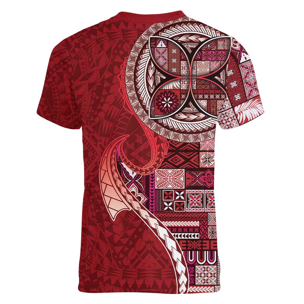 Samoan Siapo Art Tattoo Polynesian Pattern Women V-Neck T-Shirt Red Color - Polynesian Pride