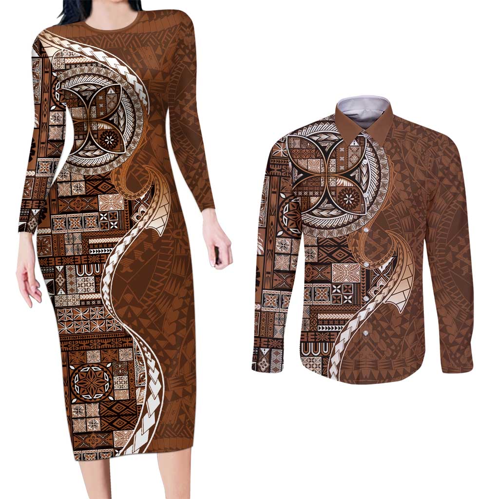 Samoan Siapo Art Tattoo Polynesian Pattern Couples Matching Long Sleeve Bodycon Dress and Long Sleeve Button Shirt Brown Color - Polynesian Pride