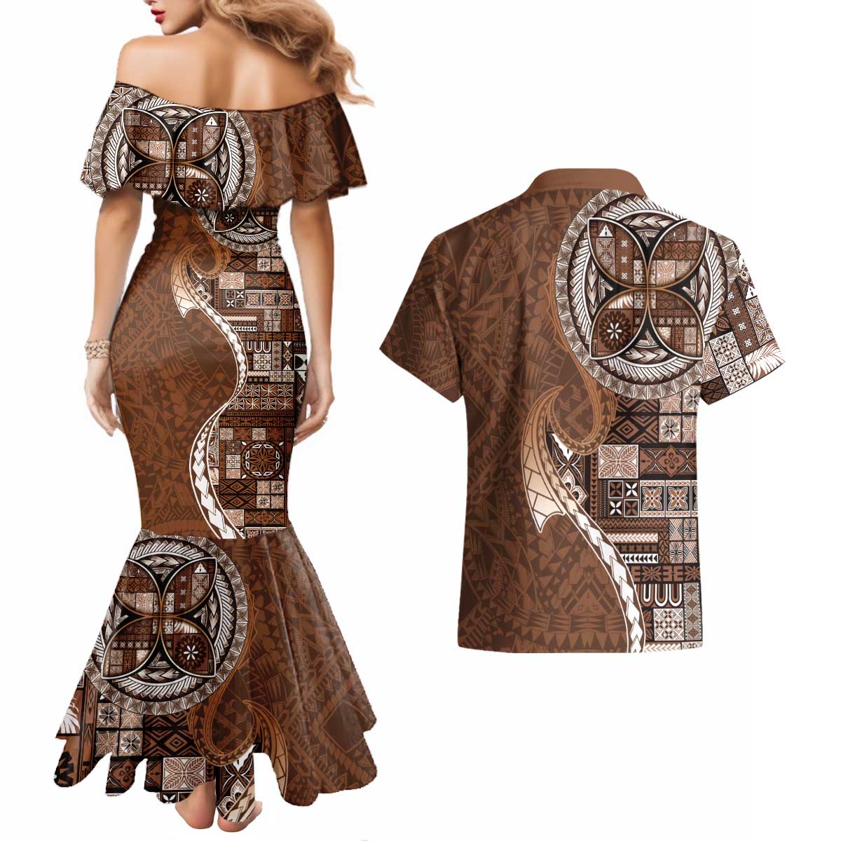 Samoan Siapo Art Tattoo Polynesian Pattern Couples Matching Mermaid Dress and Hawaiian Shirt Brown Color - Polynesian Pride