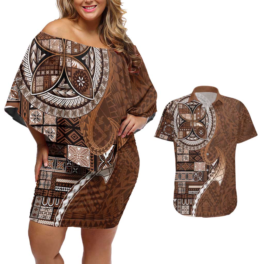 Samoan Siapo Art Tattoo Polynesian Pattern Couples Matching Off Shoulder Short Dress and Hawaiian Shirt Brown Color - Polynesian Pride