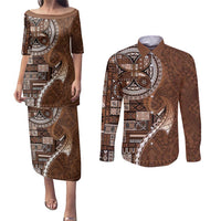 Samoan Siapo Art Tattoo Polynesian Pattern Couples Matching Puletasi and Long Sleeve Button Shirt Brown Color - Polynesian Pride