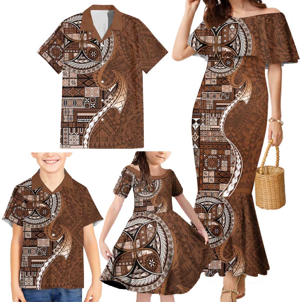 Samoan Siapo Art Tattoo Polynesian Pattern Family Matching Mermaid Dress and Hawaiian Shirt Brown Color - Polynesian Pride