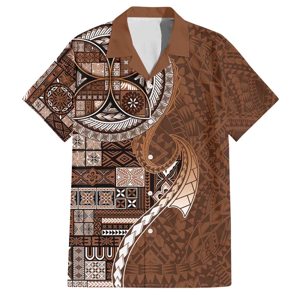 Samoan Siapo Art Tattoo Polynesian Pattern Family Matching Off Shoulder Maxi Dress and Hawaiian Shirt Brown Color - Polynesian Pride