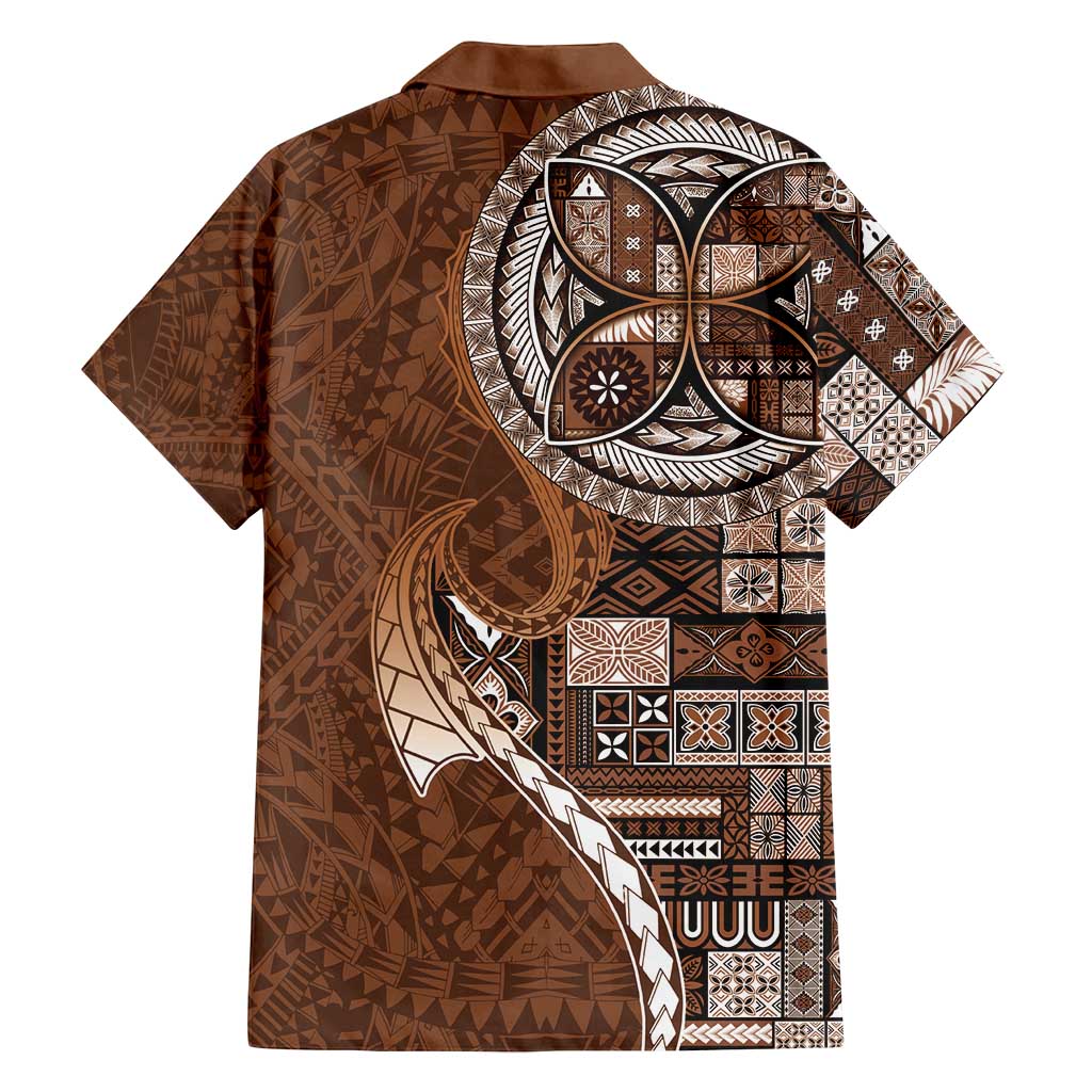 Samoan Siapo Art Tattoo Polynesian Pattern Family Matching Off Shoulder Short Dress and Hawaiian Shirt Brown Color - Polynesian Pride