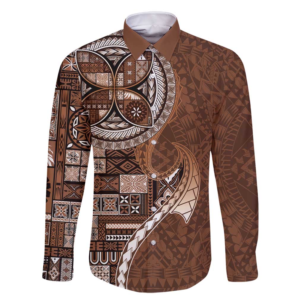Samoan Siapo Art Tattoo Polynesian Pattern Family Matching Off Shoulder Short Dress and Hawaiian Shirt Brown Color - Polynesian Pride