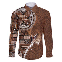 Samoan Siapo Art Tattoo Polynesian Pattern Family Matching Off Shoulder Short Dress and Hawaiian Shirt Brown Color - Polynesian Pride