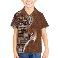 Samoan Siapo Art Tattoo Polynesian Pattern Family Matching Off Shoulder Short Dress and Hawaiian Shirt Brown Color - Polynesian Pride