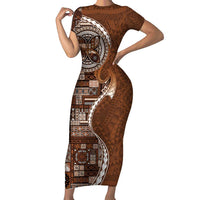 Samoan Siapo Art Tattoo Polynesian Pattern Family Matching Short Sleeve Bodycon Dress and Hawaiian Shirt Brown Color - Polynesian Pride