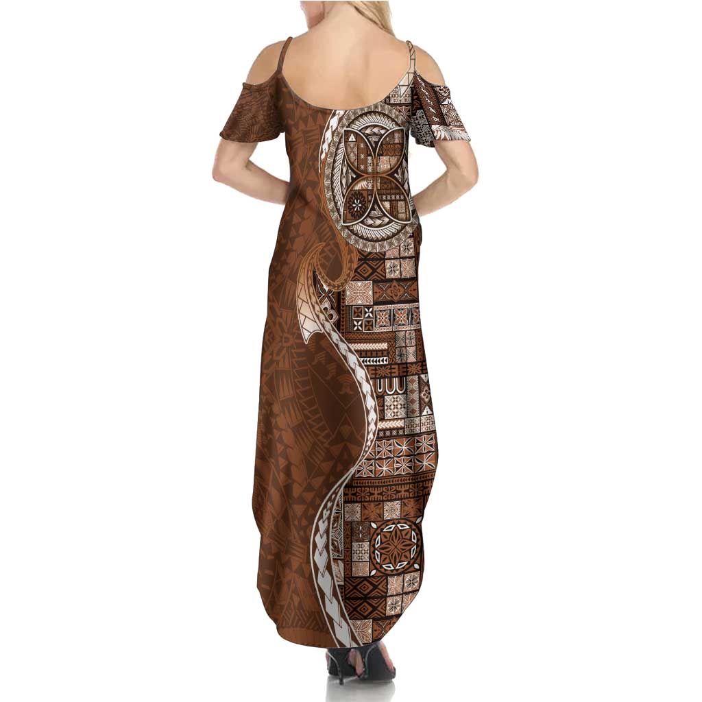 Samoan Siapo Art Tattoo Polynesian Pattern Family Matching Summer Maxi Dress and Hawaiian Shirt Brown Color - Polynesian Pride