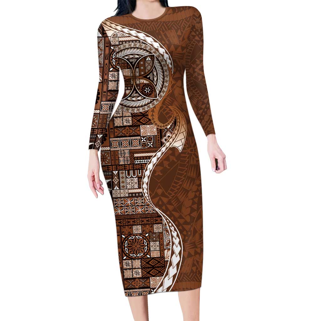Samoan Siapo Art Tattoo Polynesian Pattern Long Sleeve Bodycon Dress Brown Color - Polynesian Pride