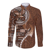 Samoan Siapo Art Tattoo Polynesian Pattern Long Sleeve Button Shirt Brown Color - Polynesian Pride