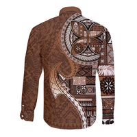 Samoan Siapo Art Tattoo Polynesian Pattern Long Sleeve Button Shirt Brown Color - Polynesian Pride