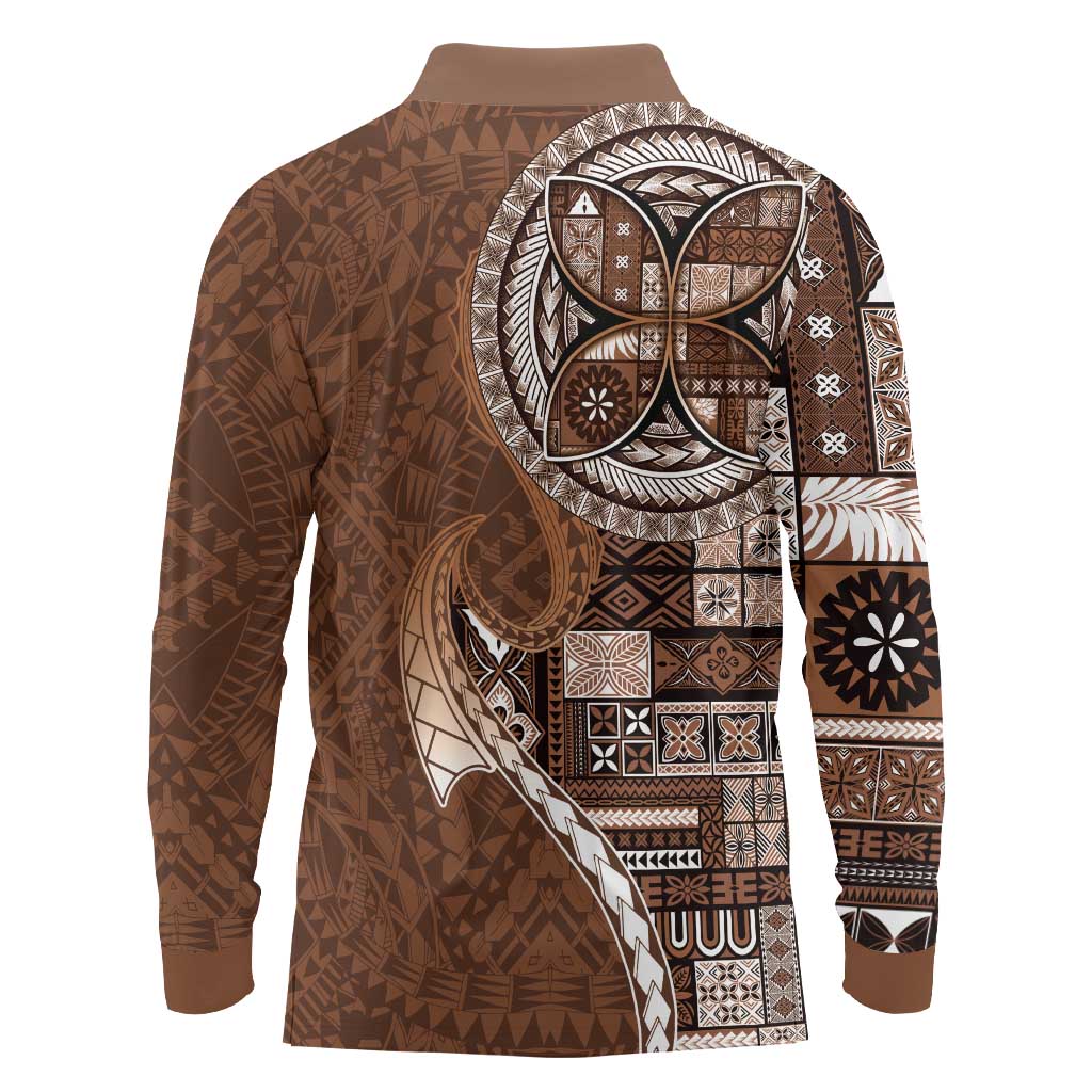 Samoan Siapo Art Tattoo Polynesian Pattern Long Sleeve Polo Shirt Brown Color LT03 - Polynesian Pride