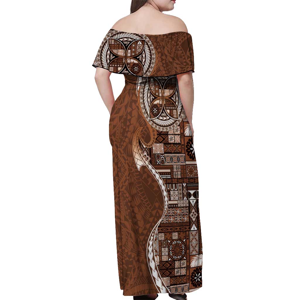 Samoan Siapo Art Tattoo Polynesian Pattern Off Shoulder Maxi Dress Brown Color - Polynesian Pride
