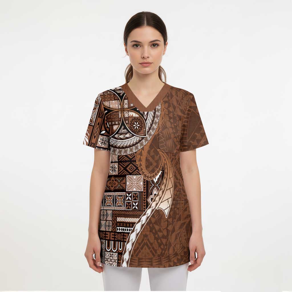 Samoan Siapo Art Tattoo Polynesian Pattern Scrub Top Brown Color - Polynesian Pride