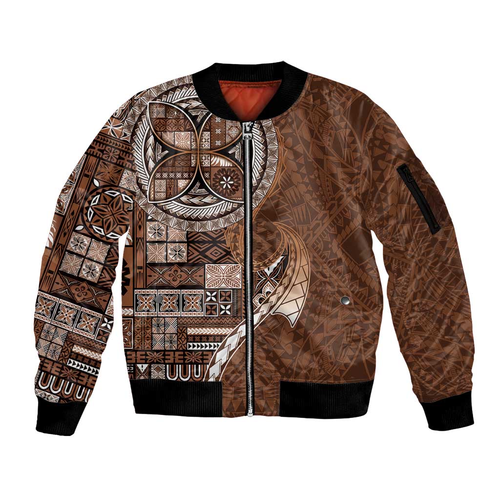 Samoan Siapo Art Tattoo Polynesian Pattern Sleeve Zip Bomber Jacket Brown Color - Polynesian Pride