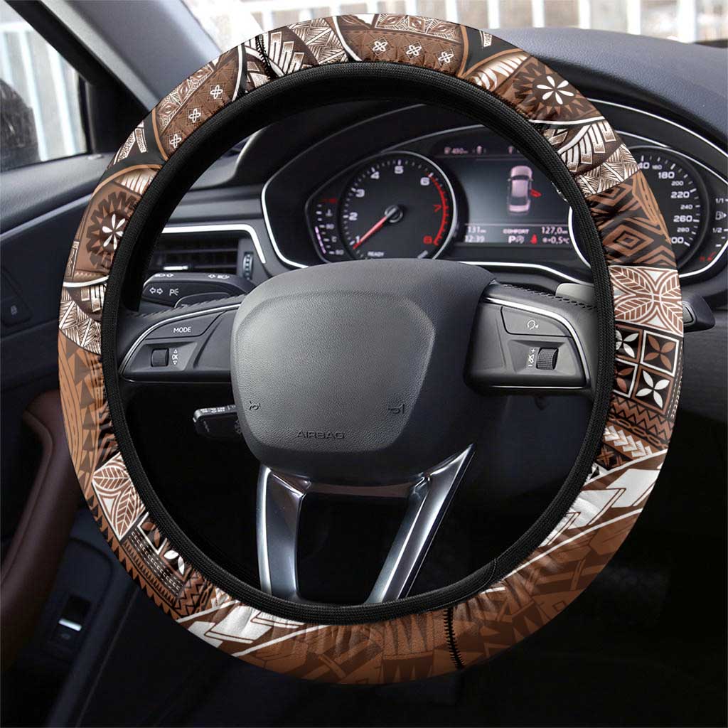 Samoan Siapo Art Tattoo Polynesian Pattern Steering Wheel Cover Brown Color - Polynesian Pride