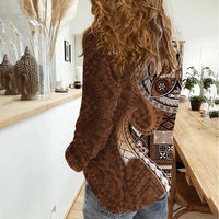 Samoan Siapo Art Tattoo Polynesian Pattern Women Casual Shirt Brown Color - Polynesian Pride