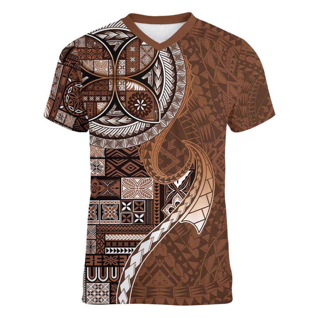 Samoan Siapo Art Tattoo Polynesian Pattern Women V-Neck T-Shirt Brown Color - Polynesian Pride
