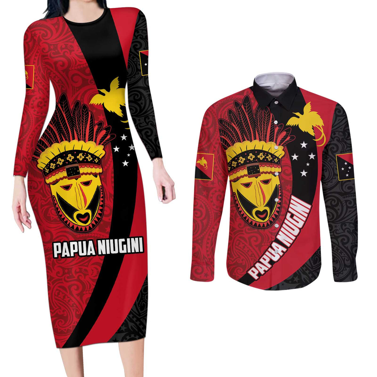 Papua New Guinea Mask Festival Couples Matching Long Sleeve Bodycon Dress and Long Sleeve Button Shirt Papua Niugini Tribe Mask Melanesian Pattern