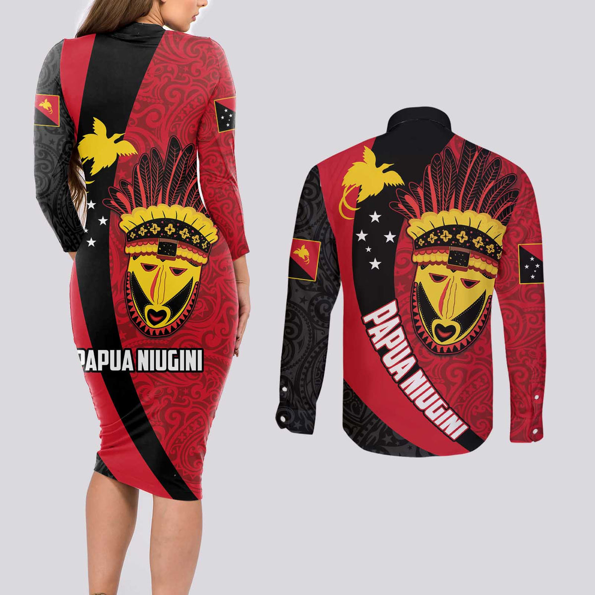 Papua New Guinea Mask Festival Couples Matching Long Sleeve Bodycon Dress and Long Sleeve Button Shirt Papua Niugini Tribe Mask Melanesian Pattern